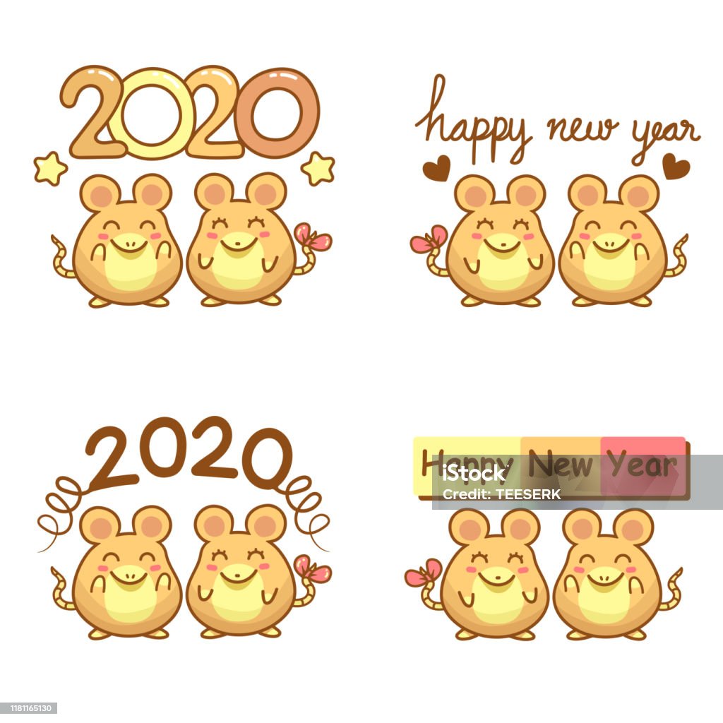 Year Of The Rat Happy New Year 2020 Set Of Kawaii Couple Rat ...