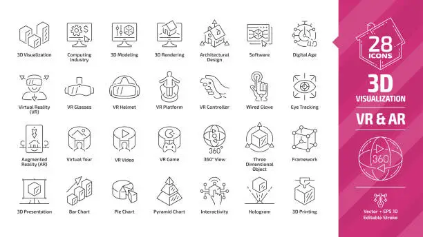 Vector illustration of 3D visualization outline icon set with virtual & augmented reality (VR & AR) visual technology editable stroke line symbols: architectural design, software, digital age, presentation and chart graph.