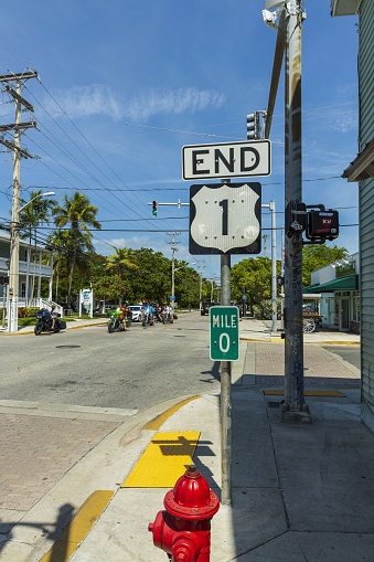 Key West. Florida. USA. 09.07.2019. Beautiful view of area around marker US Highway 1 Mile 0.