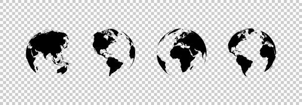 koleksi bola dunia bumi. set bola bumi hitam, terisolasi pada latar belakang transparan. empat ikon peta dunia dalam desain datar. dunia bumi dalam gaya sederhana modern. peta dunia untuk desain web. vektor - peta dunia ilustrasi stok