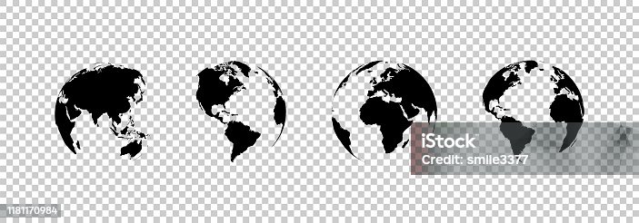 istock earth globe collection. set of black earth globes, isolated on transparent background. four world map icons in flat design. earth globe in modern simple style. world maps for web design. vector 1181170984