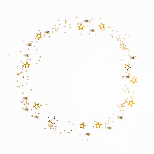 istock Christmas composition. Christmas golden confetti on white background. Flat lay, top view, copy space 1181172555