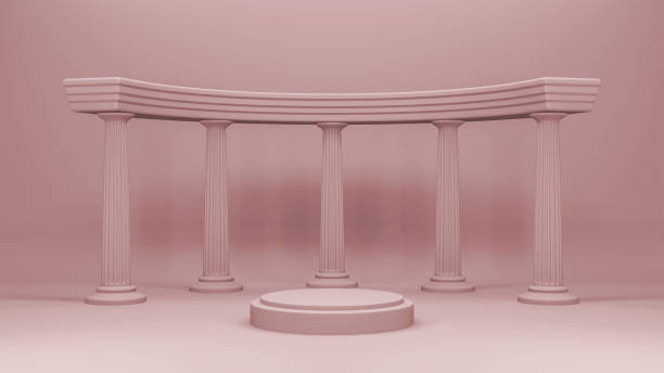 istock Three-dimensional column pillars in Greek style, empty minimalist podium in pink studio room, realistic 3d render. Ancient interior background with exhibition pedestal, pink empty walls, room. 1181178398
