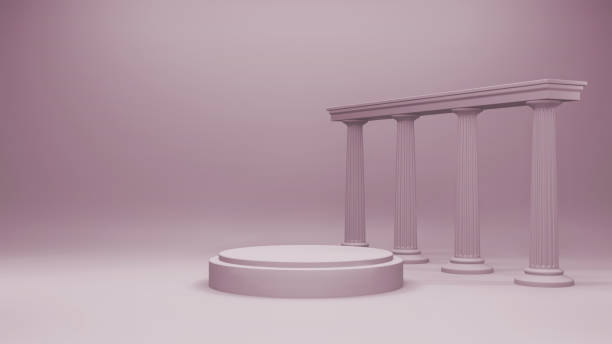 istock Pink studio room, empty podium, pillar constructions in Greek style, 3d render illustration. Pedestal concept, empty room, walls, stage with light, design architect background. 1181178534