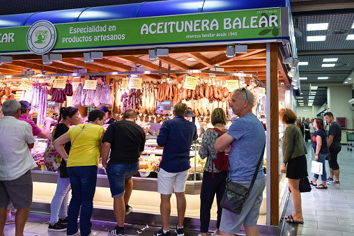 Palma de Mallorca, Mallorca, Spain - October 7, 2019: Unidentified people at the market hall of Palma de Mallorca 