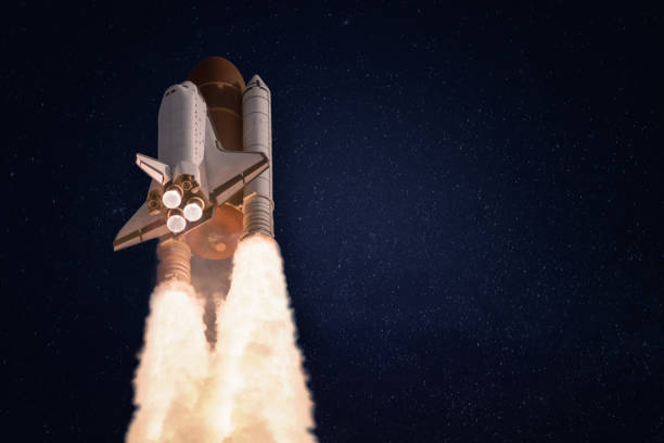 istock Space shuttle on dark starry background. Wallpaper with the rocket. Elements of this image furnished by NASA 1181179145