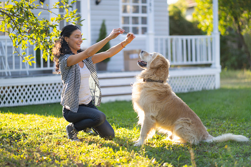 Woman training a dog in back yard.