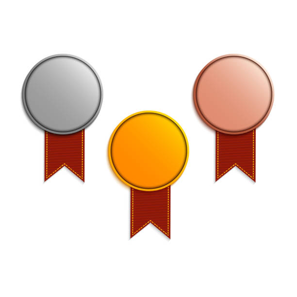 istock Set of gold, silver and bronze medals with red ribbons 1181183821