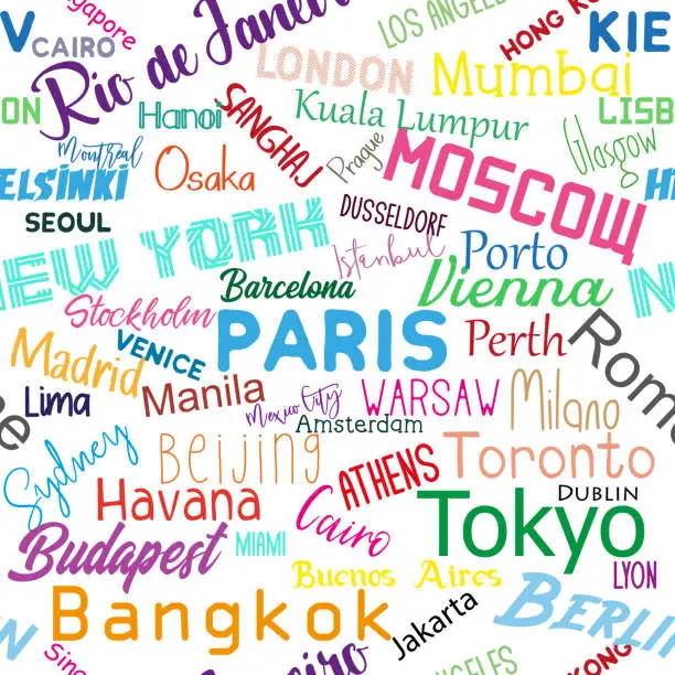 Vector illustration of Cities of the world- colorful text seamless pattern texture.