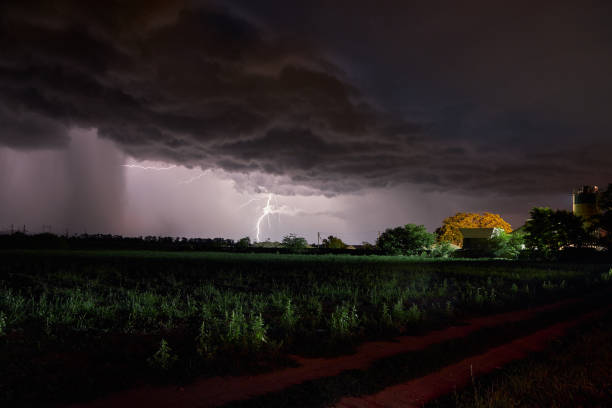 istock Thick clouds over the village, rain and lightning at night 1181194562