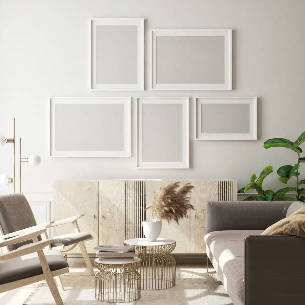 istock mock up poster frame in modern interior background, scandinavian style, 3D render 1181195587