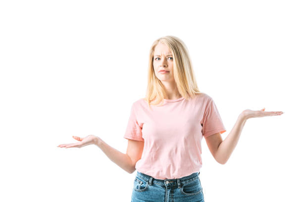 istock attractive woman showing shrug gesture isolated on white 1181196310