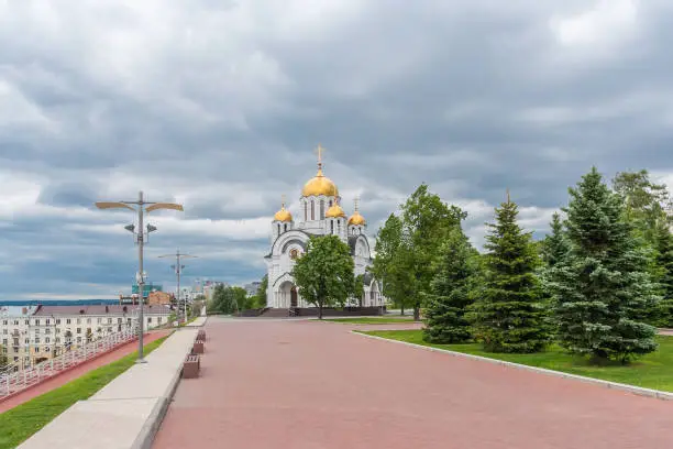 View of the church in honor of the Great Martyr George in Samara at summer, Russia