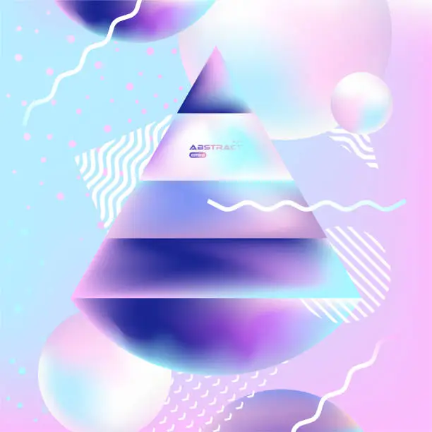 Vector illustration of Modern 3d geometric backround with triangle made from gradient mesh and with 3d spheres, colored geometric elements nad ripples