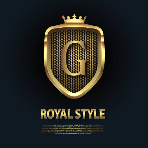 Letter G on the shield with crown isolated on dark background. Golden 3D initial logo business vector template. Luxury, elegant, glamour, fashion, boutique for branding purpose. Unique classy concept. Letter G on the shield with crown isolated on dark background. Golden 3D initial logo business vector template. Luxury, elegant, glamour, fashion, boutique for branding purpose. Unique classy concept gold g stock illustrations