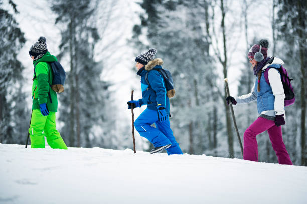 istock Kids hiking in winter forest 1181202504