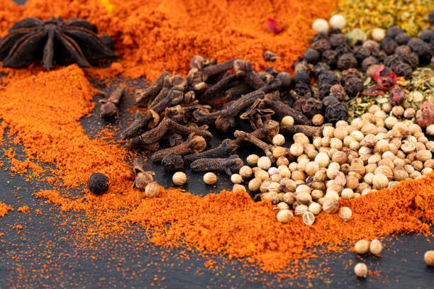 istock Colourful various  spices on dark background. 1181203063
