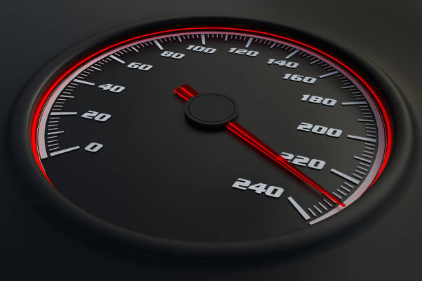 istock Red speedometer in car on dashboard. 3D rendered illustration. 1181204090