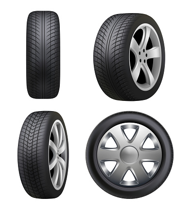 Tyres realistic. Automobile wheeling vector tyres for cars pictures isolated. Illustration tyre automobile, wheel auto rubber, car vehicle transportation