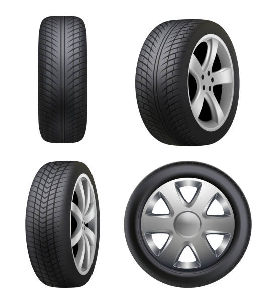 Tyres realistic. Automobile wheeling vector tyres for cars pictures isolated Tyres realistic. Automobile wheeling vector tyres for cars pictures isolated. Illustration tyre automobile, wheel auto rubber, car vehicle transportation tired stock illustrations