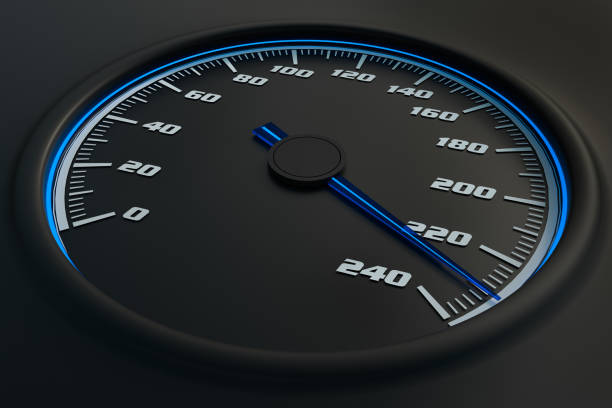 istock Blue speedometer in car on dashboard. 3D rendered illustration. 1181204403