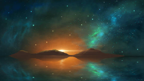istock Space background. Colorful nebula with mountain, milky way reflection in water. Digital hand painting 1181204795