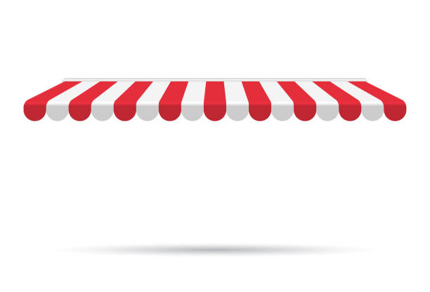 Awning canopy for shops, cafes and street restaurants. Striped red and white sunshade. Vector illustration. Outside canopy from the sun. Awning canopy for shops, cafes and street restaurants. Striped red and white sunshade. Vector illustration. Outside canopy from the sun. awning stock illustrations