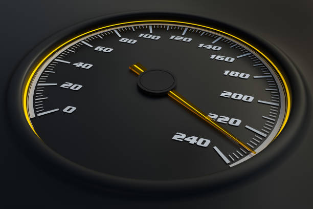 istock Yellow speedometer in car on dashboard. 3D rendered illustration 1181204907