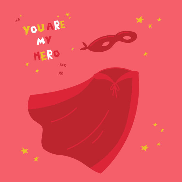 Red superhero costume with text Red superhero costume with text You are my hero text.Flying mask of a hero and red cloak.Superhero red cape on pink background. Flat vector illustration.Motivation poster. superhero drawings stock illustrations