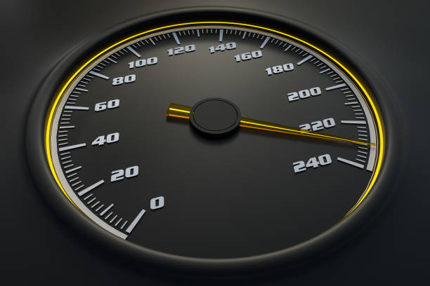 istock Yellow speedometer in car on dashboard. 3D rendered illustration 1181206537