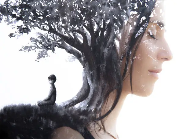 Photo of Paintography. Double Exposure portrait of a serene woman with closed eyes combined with hand made painting of a person sitting under a tree