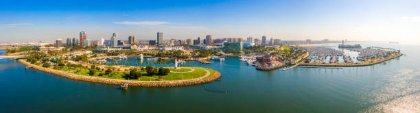 Aerial panoramic view of the Long Beach coastline Aerial panoramic view of the Long Beach coastline, harbour, skyline and Marina in Long Beach with Palm Trees,. Beautiful Los Angeles. long beach california photos stock pictures, royalty-free photos & images
