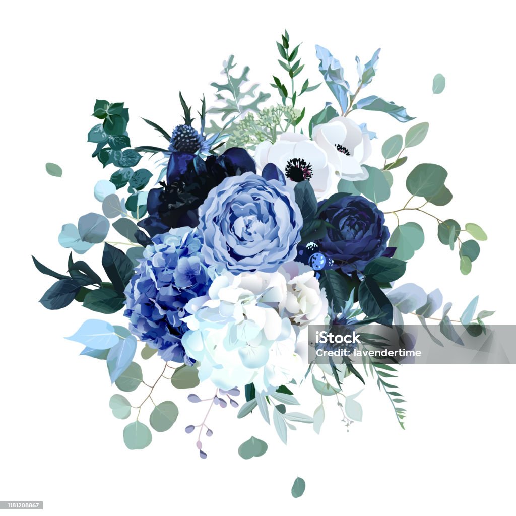 Royal Blue Navy Garden Rose White Hydrangea Flowers Anemone Thistle Stock  Illustration - Download Image Now - Istock
