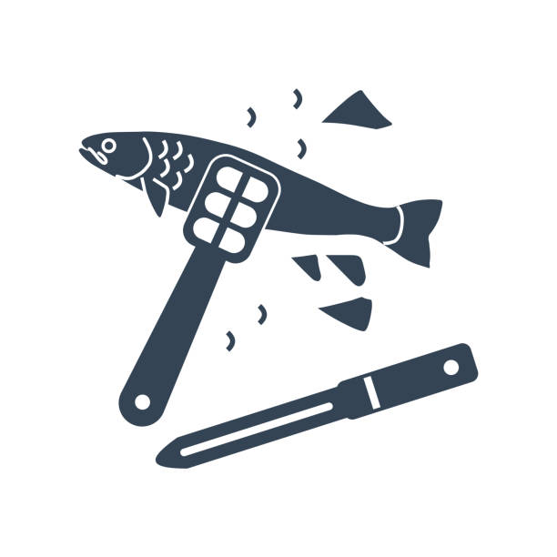 black icon fish processing, cleaning fish scales with knife vector art illustration