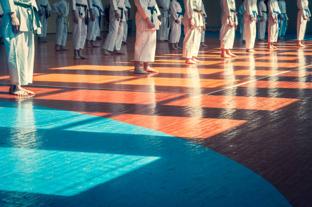 istock Kids training on karate-do. Young athletes in traditionally white kimonos with colored belts. Banner with space for text. Retro style. 1181209443