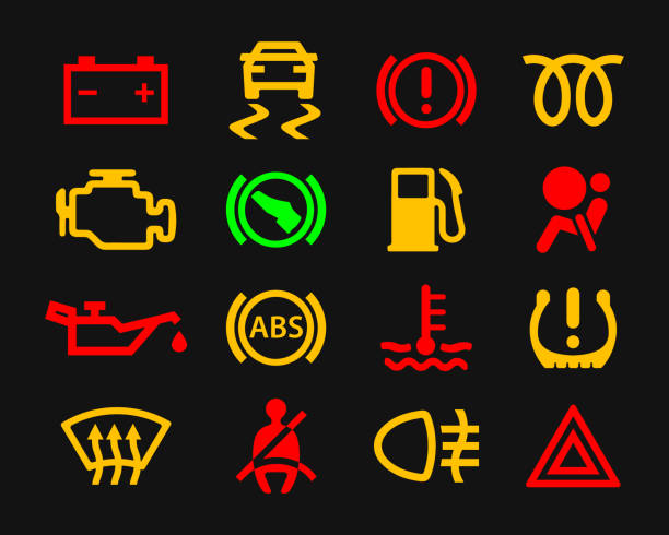 車のダッシュボード警告ライトアイコンセット。ベクターの図イメージ。車両サービスロゴ。黒の背景に隔離されています。 - car backgrounds battery service点のイラスト素材／クリップアート素材／マンガ素材／アイコン素材