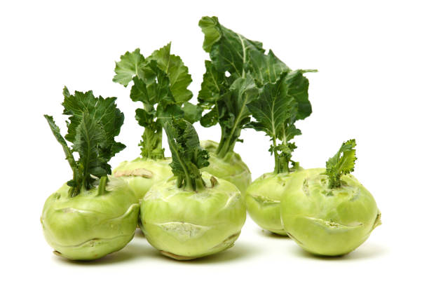 kohlrabi fresco con hojas verdes - kohlrabi turnip kohlrabies cabbage fotografías e imágenes de stock