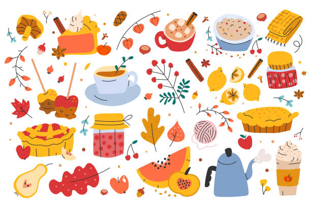 Autumn set, bundle of hand drawn clip arts of seasonal food and drinks, vector illustrations. Apple and pumpkin pie, jam jars leaves, caramel apples, pumpkin spice latte Autumn set, bundle of hand drawn clip arts of seasonal food and drinks, vector illustrations. Apple and pumpkin pie, jam jars leaves, caramel apples, pumpkin spice latte, symbols of fall. sticker pack doodle stock illustrations