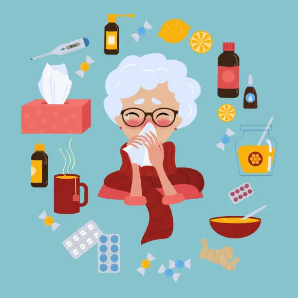 Vector illustration of Old lady in glasses caught cold flu or virus