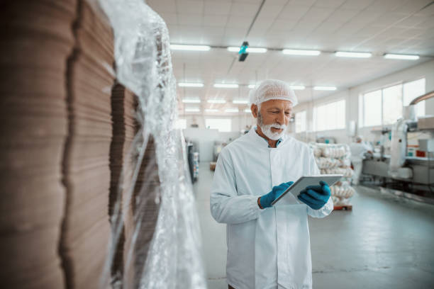istock Serious Caucasian senior adult inspector dressed in white uniform using tablet for quality assessment of food in food plant. 1181214690