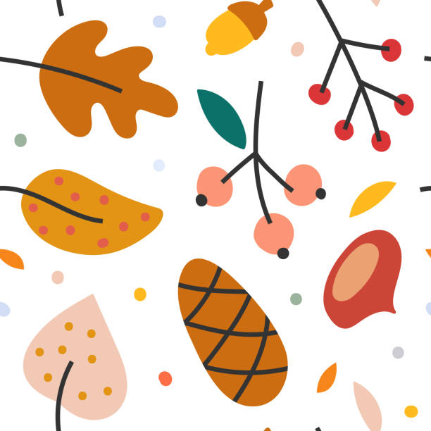 bezszwowe tło wektorowe z jesiennymi sybmolami, kolorowymi liśćmi i leśnymi skarbami, sezonowe jesienne tło. - chestnut chestnut tree backgrounds seamless stock illustrations