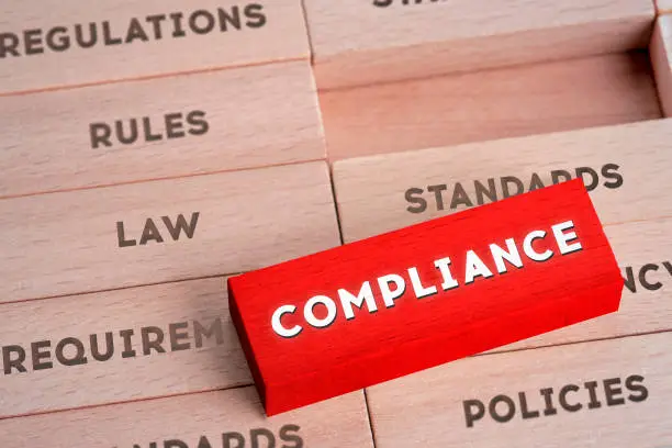 Photo of Compliance Concept with Wooden Blocks in Red Color