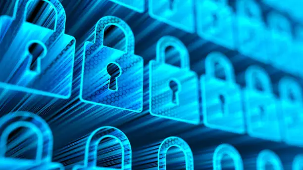 Photo of Encryption your data. Digital Lock. Big data safe. Cyber internet security and protection user privacy concept. Digital revolution. Database storage 3d illustration.