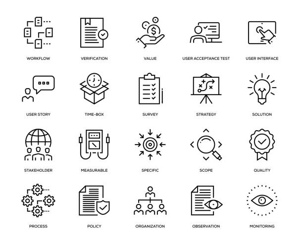 Business Analysis Icon Set Business Analysis Icon Set - Thin Line Series time drawings stock illustrations