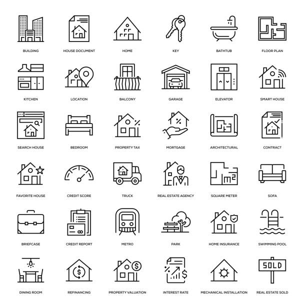 ilustraciones, imágenes clip art, dibujos animados e iconos de stock de conjunto de iconos inmobiliarios - examining built structure house industrial