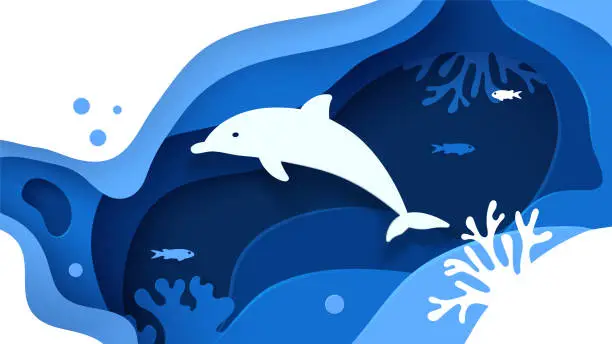 Vector illustration of Underwater world. Paper art underwater ocean concept with dolphin silhouette. Paper cut sea background with dolphin, waves, fish and coral reefs. Save the ocean. Craft vector illustration