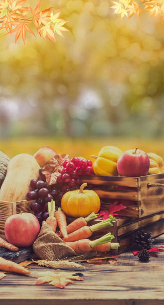 istock Fall harvest cornucopia. Autumn season with fruit and vegetable. Thanksgiving day concept. 1181221222