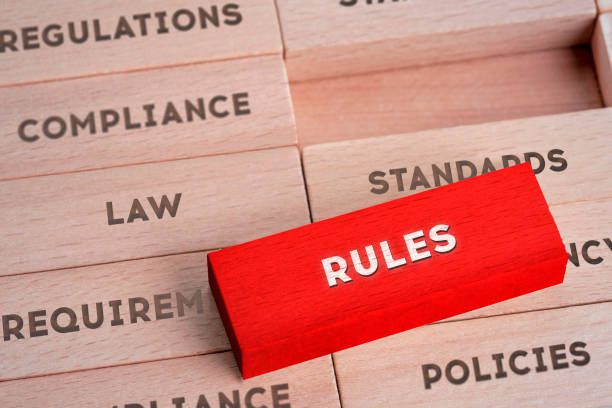 Rules Concept with Wooden Blocks in Red Color Rules, Law, Standards, Agreement, Contract rules stock pictures, royalty-free photos & images