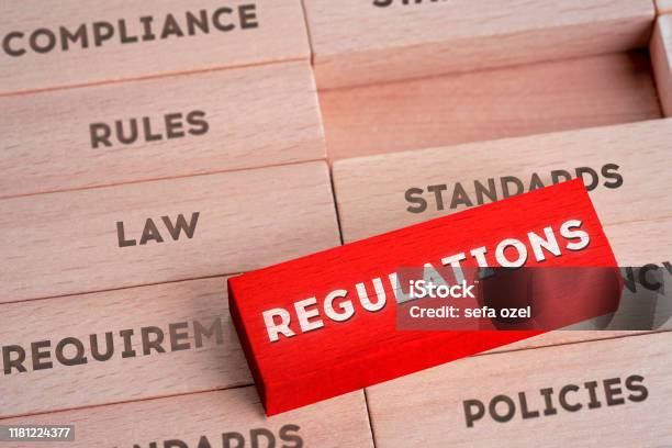 Regulations Concept With Wooden Blocks In Red Color Stock Photo - Download Image Now