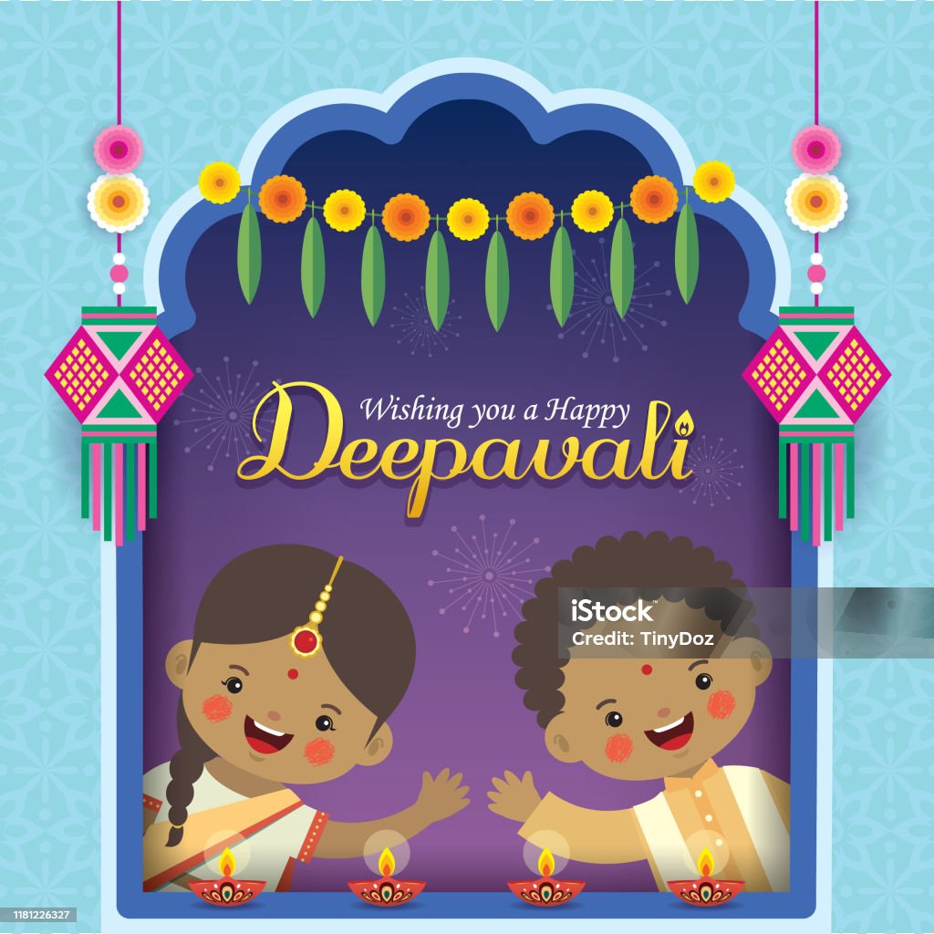Diwali Or Deepavali Cartoon Indian Kids With Diwali Diya Kandil Lantern  Marigold Mango Leaf Door Hanging Window Frame Stock Illustration - Download  Image Now - iStock